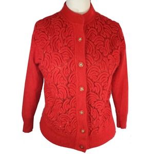 VINTAGE Zell 80s Red Angora Mohair Jeweled Button Sleeve Cardigan , L